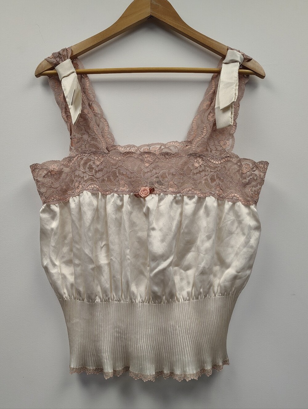 Lily of France Vintage 80s Cream and Dusty Rose Satin & Lace Tank Top Size Large